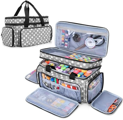 Luxja Handarbeitstasche für Nähen Zubehör, Nähzubehör Tasche Organizer, Nähaufbewahrung Tasche für Nähmaschine Zubehör, Nähzeug, Nähset, Grau Punkt