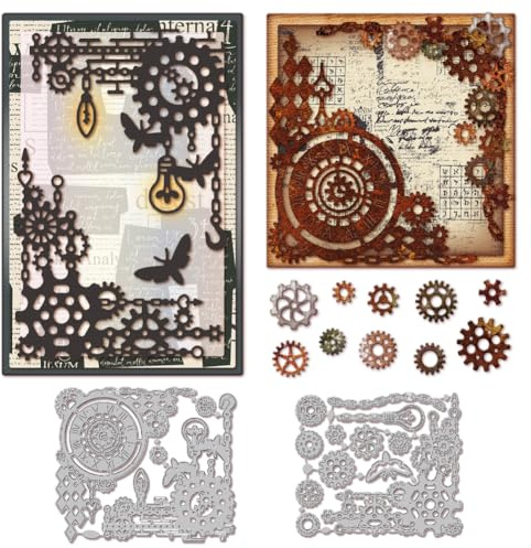 GLOBLELAND Stanzformen Mit Industrieecken Hintergrund Metallzahnräder Hintergrundrahmen Stanzformen Uhren Glühbirnen Stanzungen Für Die Kartengestaltung DIY Scrapbooking Basteln