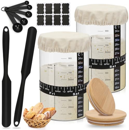 ZgoEC Sauerteig Starter Set 1L, Gärglas Sauerteig mit Spatel, Sourdough Starter Kit Sauerteig Glas mit Stoffhut, Sauerteig Starter Glas Gärbehälter mit Holzdeckel, Brot Backen Zubehör Küche
