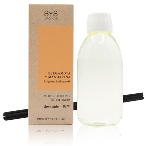 Ambientador Recambio Mikado Bergamota y Mandarina 1991-200 ml SYS Aromas | Recarga para Difusor con Varillas - Larga Duración - Ideal para Hogar, Oficina, Baño - 5 Varillas
