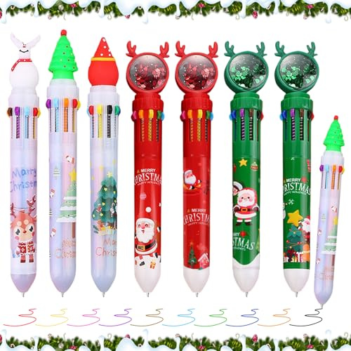 KIKVTER Penne Natalizie, 7 Pezzi Penne a Sfera Natalizie, 10 In 1 Penna Navetta Retrattile Multicolore, Albero di Natale Pupazzo di Neve Babbo Natale Penne Roller per Riempitori di Calza Bomboniere