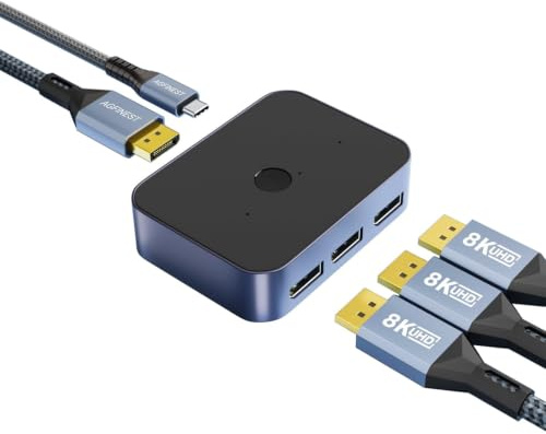 AGFINEST 8K DisplayPort 1.4 Switch, DP Switcher 3 in 1 Out, 8K@60Hz 4K@144Hz Umschalter, EIN-klick-Schalter Unterstützt Dolby Atmos, HDR, DTS, DSC, UHD für PC Monitor Laptop