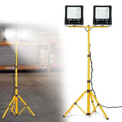 FIVMEN Baustrahler 2x200W 16000LM LED Strahler Arbeitsleuchte mit Verstellbarer Stativ und 3m Kabel Stecker Baulampe Arbeitsscheinwerfer Wasserdicht IP66 für Garage Werkstatt Baustelle, Kaltweiß