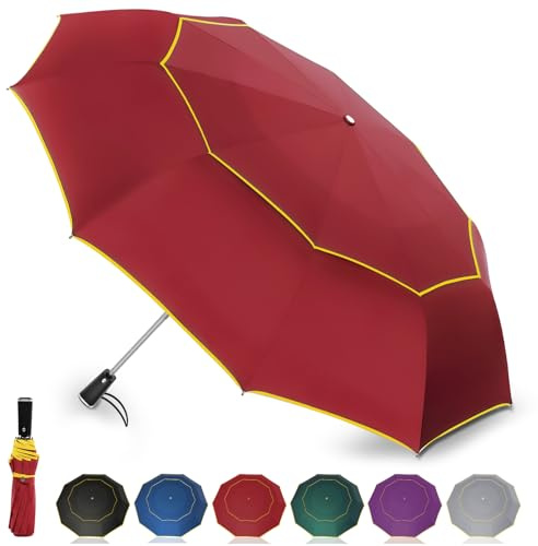 Satol Ombrello da Golf | Doppio Tetto & Ventilazione | Antitempesta & Apertura Automatica 54 Pollici | 10 Spine in Metallo per Massima Stabilità | Con Strisce Riflettenti (Rosso con Bordo Giallo