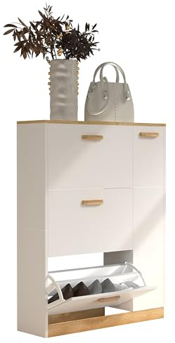 VCM Wooden shelf Tipper shoe rack Shoe cabinet Shoe tipper 3 flaps 1 revolving door Halom L White