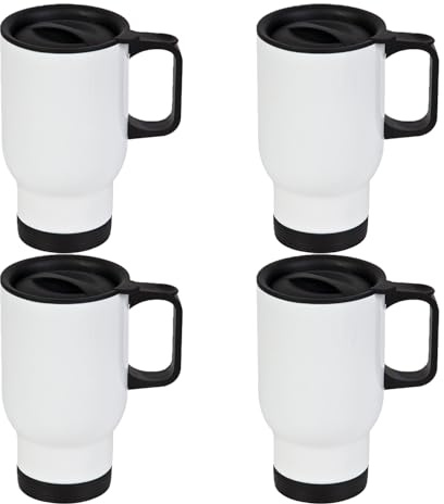 Gift Hub Sublimation Travel Mug | Tumbler Double Wall Vacuum Insulated Travel Mug for Hot Drinks | Plain White with Handle | 17oz Stainless Steel Thermal Coffee Mug for Heat Press Printing (Pack-4)