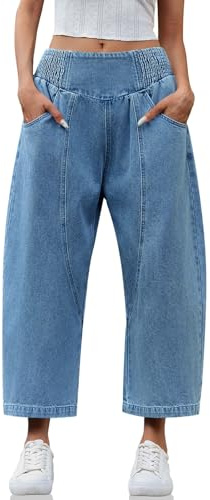 Cicy Bell Women's Smocked Short Jeans, Medium | Rise Harem,High Elastic Smocked Waistband,Loose Fit