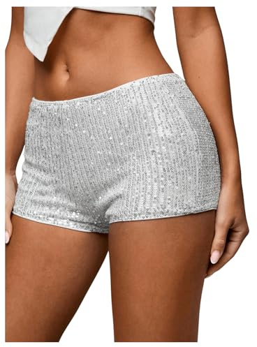 SHENHE Women's Sparkly Sequin Shorts Sexy Low Rise Y2k Party Rave Hot Pants Booty Shorts White Medium