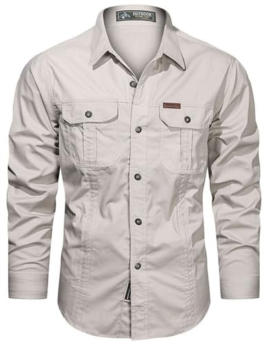 PADOLA Hemd Herren Baumwolle Hemden Langarm Slim Fit Cowboyhemd Stehkragen Westernhemd Taktisches Hemd Outdoor Arbeitshemd Safarihemd Einfarbige Freizeithemden (5 Beige, XL)
