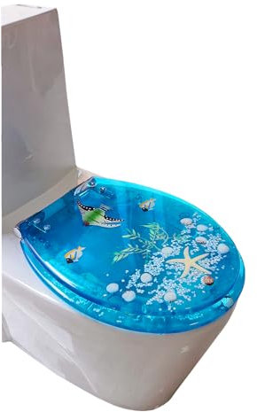 Resin Toilet Seat Round Soft Close Quick Release 3D Effects Heavy Duty Toilet Seats with Blue Fish Seashells Cover Acrylic Seats Ocean Series (Round, Blue,Upgraded hinge)