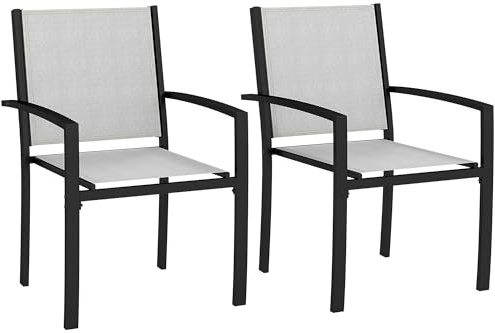 Outsunny Lot de 2 chaises de Jardin chaises empilables d'extérieur avec accoudoirs, Cadre en Acier pour Jardin, Piscine, terrasse, Gris Clair