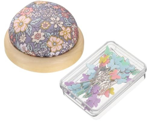 sourcing map Nadelkissen Holzsockel mit 50 Stück Nähnadeln, japanischer Stil, runder Nadelkissen, Nadelhalter zum Nähen, Quilten, Handarbeiten, Basteln, graue Blume
