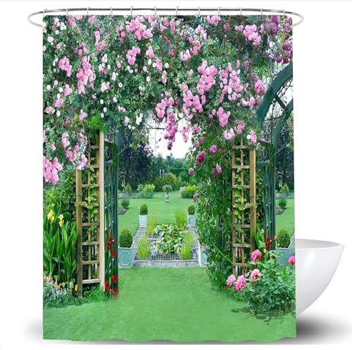 Garden Flowers Shower Curtain Green Outdoor Shower Curtains for Bathroom Mould Resistant Fabric 3D Bathtub Curtain Waterproof Polyester Washable Size 180x240 cm (71 x 94 Inch) with 12 Hooks b.2860