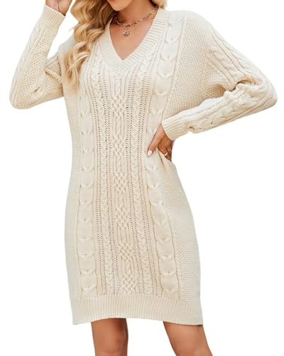 Heersan Robe Pull Femme Elégant Robe Tricoté Longue Col V Automne Hiver Tunique Chic Elástique Pull Femme Slim Fit Couleur Unie