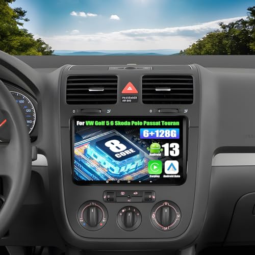 SIXWIN 8 Core 6+128G Android 13 Autoradio con CarPlay/Android Auto/DSP per VW Golf 5 6 Touran Polo Touran,9 Pollici HD Navigatore GPS WiFi Bluetooth 5.0 USB FM RDS Radio Mirror Link +32EQ