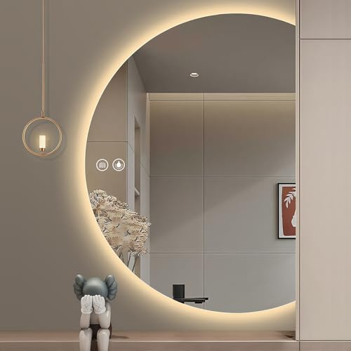 GXSDYYDS badrumsspegel med belysning, 100 × 70 cm LED-badrumsspegel med antidimma, modern halvrund badrumsspegel väggspegel med 3 färger dimbar och minnesfunktion, IP44