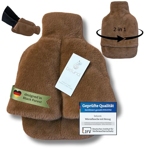 Fußwärmer Wärmflasche 2in1 – flauschiger Fußwärmer für kalte Füße – Bettflasche mit extra dickem, waschbarem Plüschbezug, ohne Strom, lange warm – beidseitig weich & kuschelig – belund.® Caramel Braun