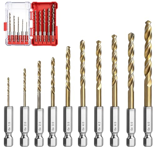 Lot de 10 forets HSS 1,5 à 6 mm - Avec boîte de rangement - Tige hexagonale - Couronnes auto-perceuses pour métal, acier inoxydable, métaux durs et acier