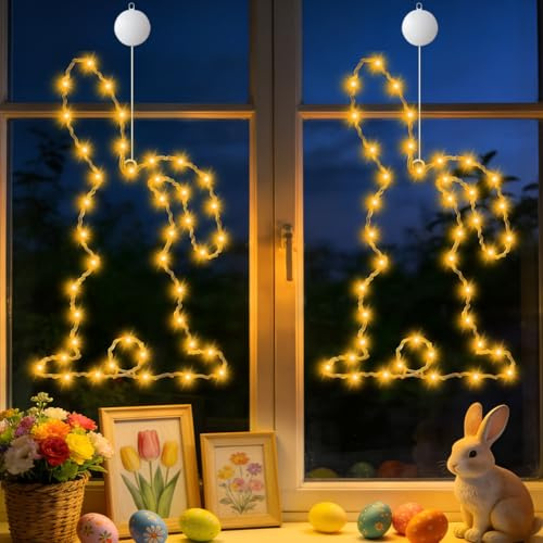 Osterdeko Led Fenster Licht, 2 Stück Ostern Deko Bunny LED Lichterkette Fensterbeleuchtung mit Saugnapf und Timer, Aufhängen Osterdeko Hasen Osterbeleuchtung Fenster Deko für Draußen & Innen
