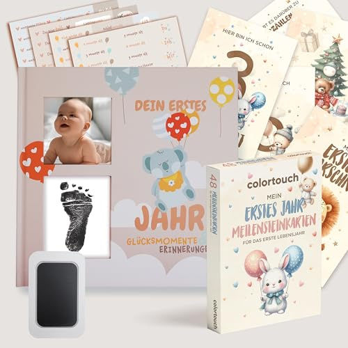 colortouch Babyalbum Dein erstes Lebensjahr mit Abdruckset + Aufkleber + Meilensteinkarte Baby 48 Monatskarten, Babytagebuch ab 0 Monate, Baby Fotoalbum zum Selbstgestalten, Babybuch zum Ausfüllen