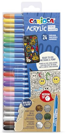 CARIOCA Marcatori Acrilici Punta Media Set 24 Colori, Pennarelli Acrilici Multi Superficie per Decorazione, Arte e Hobby Creativi