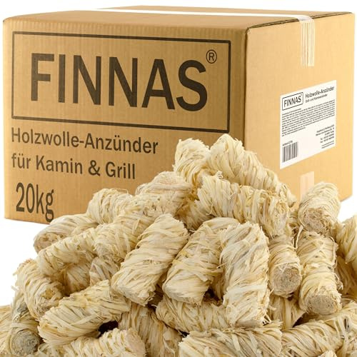 FINNAS Anzündwolle Kaminanzünder Grillanzünder Ofenanzünder Holzwolleanzünder 20kg ca 1600 Stück Ökoanzünder Wachszünder Holzanzünder Feuerschale Lagerfeuer Smoker Lange Brenndauer