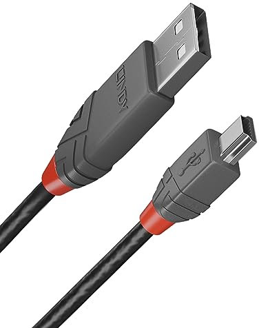 Lindy 2m USB 2.0 Type A to Mini-B Cable, Anthra Line, Pro Range, Gold Plated Contacts, Double Shielded, Durable, Flexible Pro Cable, Cameras, Hard Drives, GPS, Game Controllers, Music Equipment etc.
