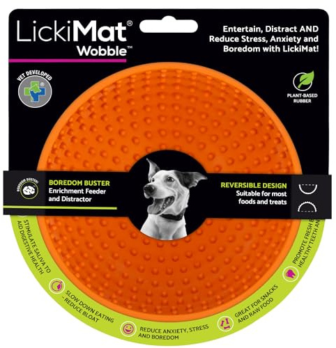 LICKIMAT Wobble, långsam matningsskål slickmatta, tristess ångestreducerare; perfekt för mat, godis, yoga eller jordnötssmör. Roligt alternativ till en långsam matande hundskål, orange