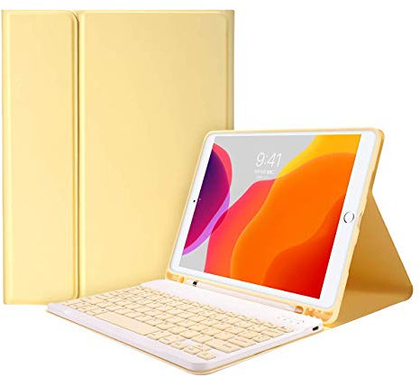 Funda para iPad de 6ª/5ª generación con Teclado 9.7 2018/2017, Teclado Bluetooth Inalámbrico Desmontable, Funda Inteligente Magnética con Portalápices, Amarillo, iPad 9.7 2017/2018