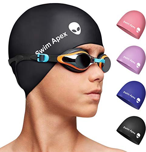 Swim Apex Silikon-Badekappe für Kinder, für Mädchen, Jungen, Teenager (Alter 2–12 Jahre), langlebige Silikon-Badekappe für Kinder, Jugendliche, Jungen, Mädchen(schwarz)
