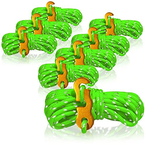 COM-FOUR® 8X Abspannseil je 4m für Camping reflektierend in grün - Zeltschnur mit Abspannschnalle aus Aluminium - Spannschnur - Camping Schnur - Seilspanner - Zeltleine - Sturmband