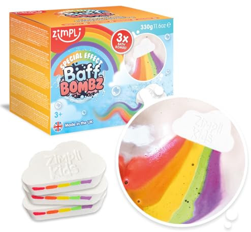 3 x Große Wolke Regenbogen Badekugeln von Zimpli Kids, Spezialeffekt Badekugeln für Kinder, Handmade Bubble Bath Fizzies Geschenkset, Bio Feuchtigkeit Vegan Freundlich und Cruelty Free