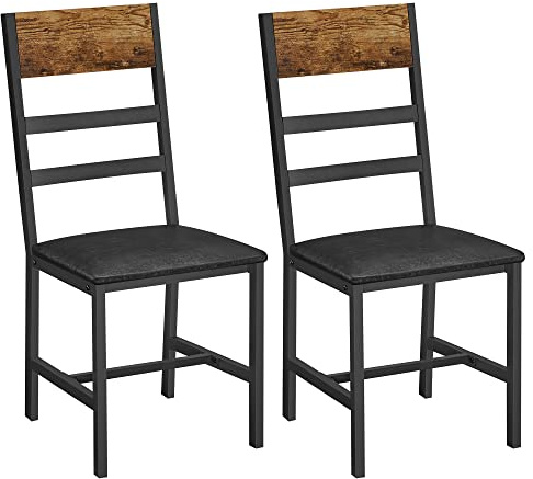 VASAGLE Doppel-Essstühle, Küchenstühle Set mit 2, Stühle für Esszimmer, gepolsterter Sitz, Stahlrahmen, ergonomisches Design, für Wohnzimmer, Esszimmer, rustikal braun und schwarz LDC095B01