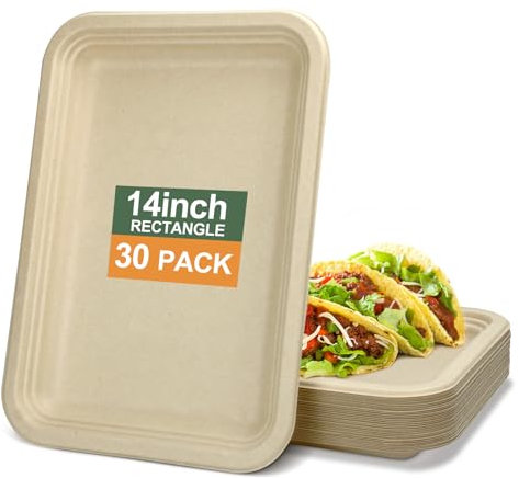 CVIUYO 30Pack 14 Inch Disposable Paper Plates, Heavy Duty Food Trays, 100% Biodegradable Compostable Large Plates for Crawfish, BBQ, Dessert, Party, Birthday