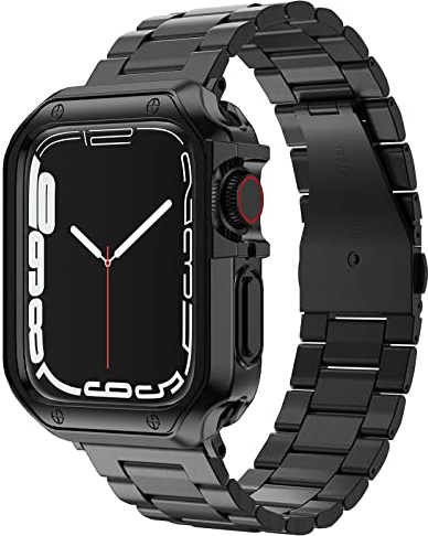 Armband med skyddsskal för Apple Watch, länkar i rostfritt stål, TPU-skal, länkarmband för smartklocka, för Apple Watch Series 9/8/7/6/5/4/3/2/1/SE, 41/40/38 mm, svart
