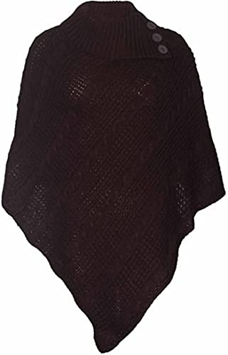 Womens Check Printed Ladies Stretch Knitted Collared Cape Wrap Shawl Jumper Poncho Top (Plain Dark Brown)