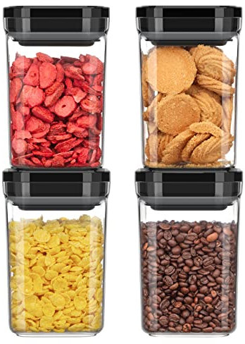 MR.SIGA 4 Pack Airtight Food Storage Container Set, BPA Free Kitchen Pantry Organization Canisters with One-handed Leak Proof Lids, 1L / 33.8oz, Medium, Black