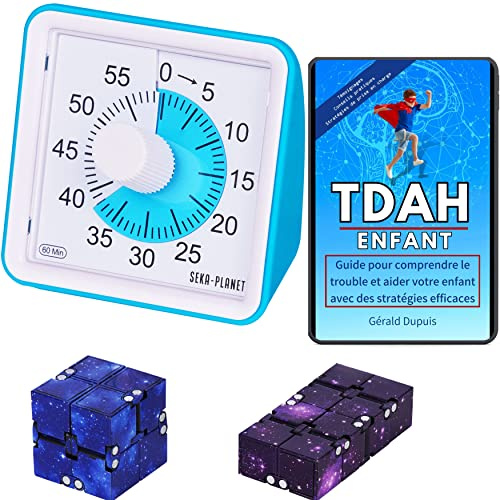 Temporizador Visual para niños con TDAH y 2 Cubos antiestrés infinitos/Temporizador Infantil de Aprendizaje y gestión del Tiempo con Cuenta atrás silenciosa de 60 Minutos