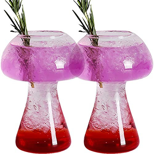 Mushroom Cocktail Glasses Creative Cocktail Glass Cup Set of 2 Clear Mushroom Shaped Drinks Cups 250ml Wine Glasses for Party Novelty Margarita Glasses Drinking for KTV Bar Club (Transparent)