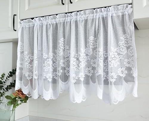 Yaland Bistrogardinen Landhausstil Transparent mit Stickerei Scheibengardinen Jacquard Panneaux Kurzgardinen küchegardinen Spitze Stangedurchzug Weiß BxH 100x80cm 1 Stück