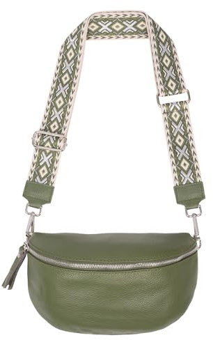 Große Crossbody Gürteltasche aus 100% Leder Umhängetasche Schultertasche mit breitem Gurt - Jaime (olivgrün)