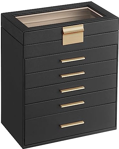 SONGMICS Jewellery Box with Glass Lid, 6-Layer Jewellery Storage Organiser with 5 Drawers, Plenty of Storage, Modern, Gift Idea, 16.3 x 25.1 x 29 cm, Graphite Black and Gold Colour JBC171B01