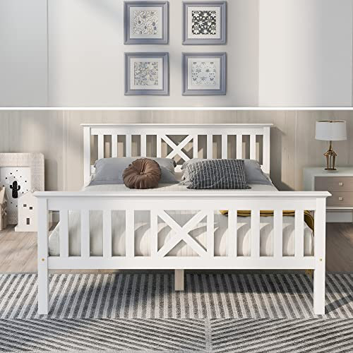 Holzbett Doppelbett aus Bettgestell mit Lattenrost Holzbett mit Kopfteil - 140 x 200 cm Massivholz Kinderbett Jugendbett Kiefer massiv Weiß (Weiß)
