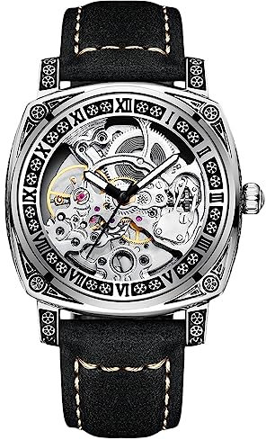 rorios Herren Mechanische Uhren Tourbillon Skelett Armbanduhr wasserdichte Automatik Uhr Vintage Quadrat Uhr mit Lederarmband Leuchtend Schwarz weiß