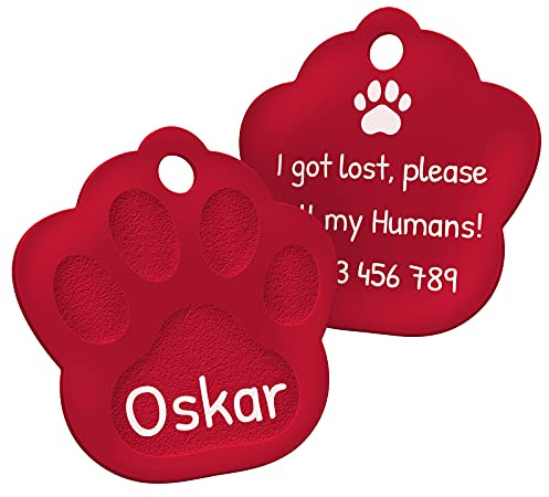 ENGRAVO Hundemarke mit Gravur in Rot 33mm | Pfote Halsbandanhänger personalisiert | Namensschild für Halsband | Anhänger Marke für Hunde, Welpen & Katzen | Dog Tag mit Wunschgravur