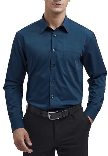 HISDERN Men's Long Sleeve Teal Shirt Business Bamboo Fiber Dress Shirt Regular Fit Non Iron Shirt with Pocket,L