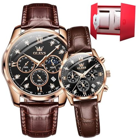 OLEVS Las Parejas de San Valentín de emparejan Relojes de Cuarzo él y su Conjunto de Parejas, Relojes de Tiempo de Cuero, Relojes de Diamantes, Regalos Románticos para Bodas de Amantes Hombres