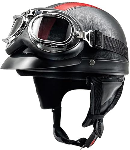 Motorradhelm Halbschalenhelm mit ECE, Retro Jethelm Chopper Helm, Scooter-Helm, Fahrradhelm, mit Schutzbrille und Schnellverschlussschnallen für Damen Herren Erwachsene 6,54-62CM