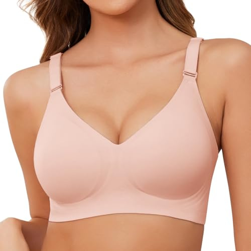 TOMEEK Bras for Women Non Wired Support Full Coverage Push up V Neck Seamless Wireless Bra Ladies Comfort Everyday Bras Zero Feel Bralettes with Pads,Pink, Size L