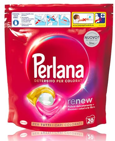 Perlana Detersivo Colorati Caps (20 Caps), Detersivo lavatrice capsule per tutti i capi colorati, Detersivo colorati per pulizia delicata e colori e fibre rinnovati